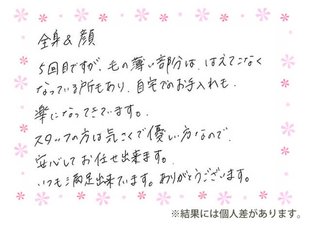 お顔と全身脱毛を受けたお客様のアンケート