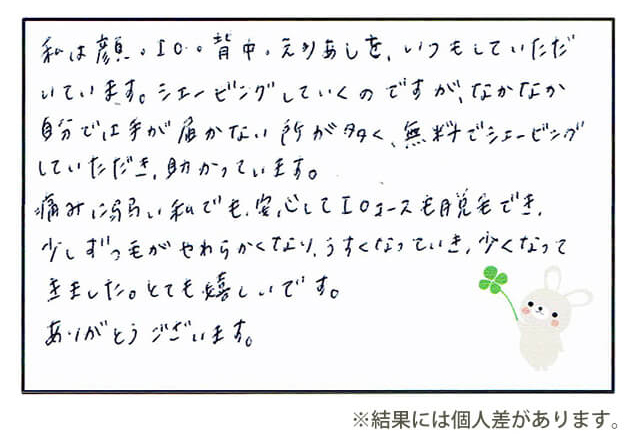 顔・IO・背中・えりあし脱毛を受けたお客様のアンケート